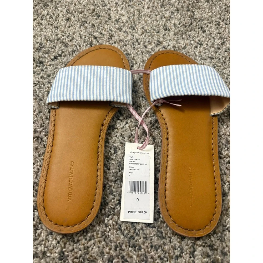NWT Vineyard Vines Seersucker Strap Leather Slides 9 Blue White Stripe